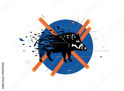 black and white feral hog silhouette partially dissolving into angular geometric fragments, deep blue geometric circle anchoring layout and orange cylindrical