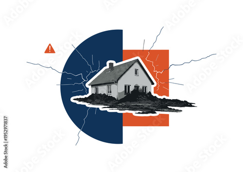 Black and white realistic house partially buried in mud, retro documentary photography feel, cut-out effect with bold white outline, layered over oversized