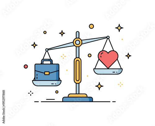 Work life balance for mature professionals shown through a balanced scale with a briefcase on one side and a heart icon on the other. A clean editorial