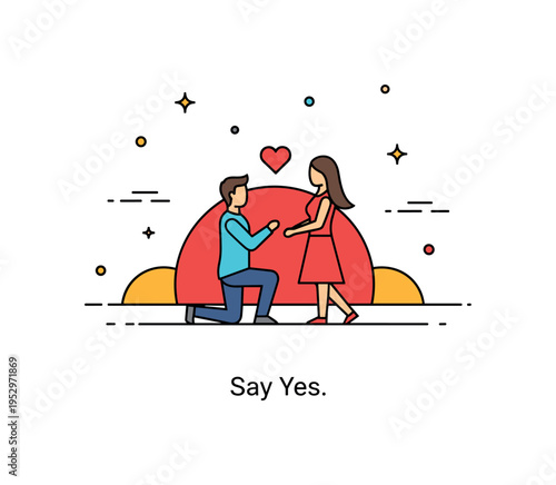 Romantic sunset proposal moment concept with one figure slightly kneeling before another under a large setting sun and small heart accent above, symbolizing