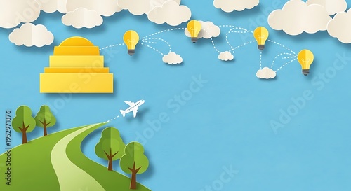 Cut-paper style scene road, stairs, airplane, lightbulbs connected by dotted lines, clouds