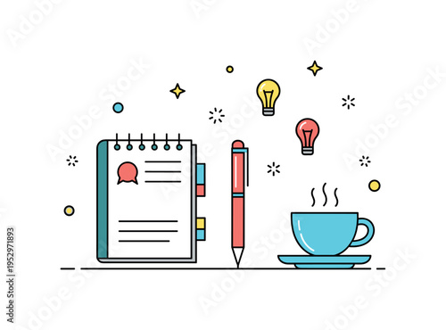 Author brainstorming desk scene featuring a notebook, pen, coffee cup and tiny floating idea symbols, symbolizing focus and literary inspiration. The balanced