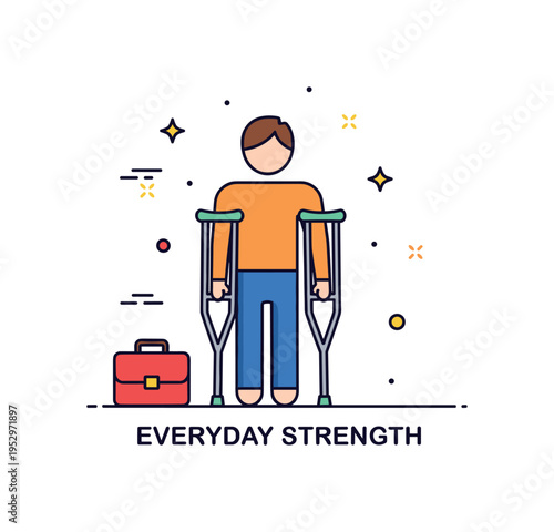 Person using crutches daily life adaptation theme illustrated by a simplified figure with crutches standing beside a small briefcase icon, expressing return to