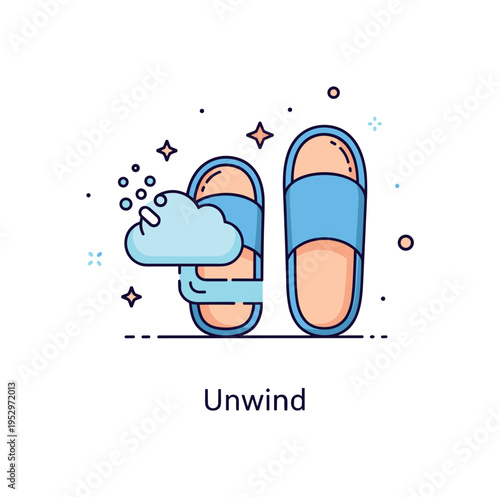 Putting on slippers stress relief moment depicted by soft slippers placed beside a tiny cloud icon dissolving, symbolizing leaving worries at the door. The