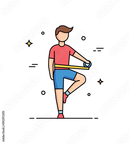 Sports warm up stretch shown as a standing figure looping a strap around one foot while maintaining balance, symbolizing preparation and performance readiness.