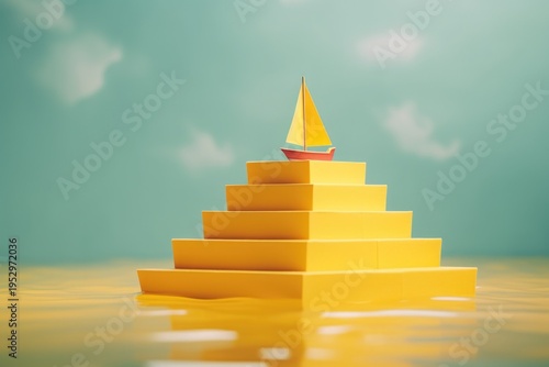 A toy boat sitting on top of a yellow pyramid. Perfect for children's playtime or educational concepts