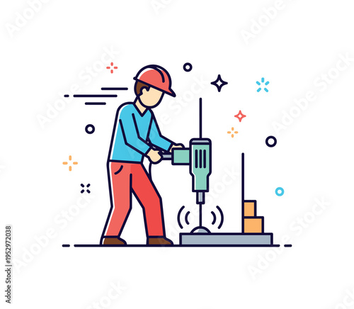 Concrete drilling on construction site featuring a worker holding a jackhammer against a simplified ground slab with subtle vibration lines, symbolizing power