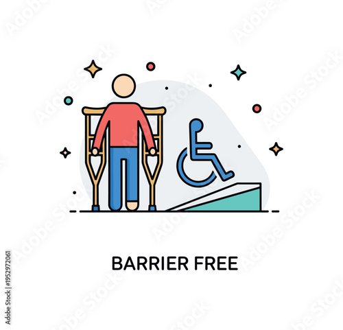 Person using crutches accessibility awareness concept featuring a figure with crutches next to a minimal ramp icon, symbolizing inclusive design and equal