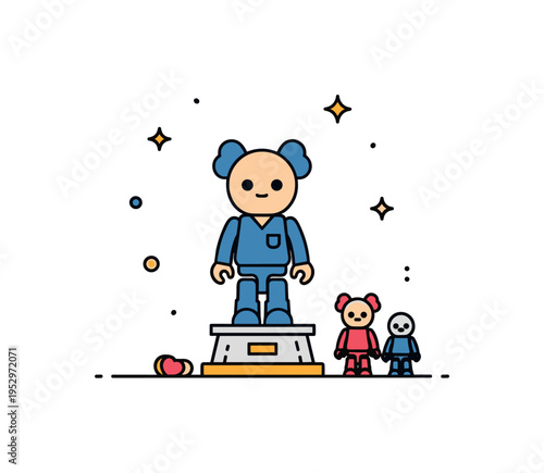 Vinyl toy collection display featuring a single stylized figurine standing on a small pedestal with two miniature figures beside it, expressing creativity,