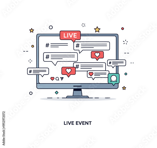 Live event social wall scene illustrated by a screen filled with hashtag posts and subtle heart and comment icons, conveying interaction, visibility, and