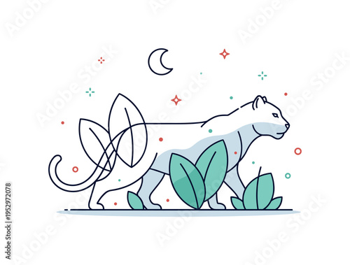 Silent stalkers jungle shadow illustrated by a big cat outline blending into leaf shapes with minimal star accents suggesting night air, conveying hidden