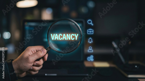 Wallpaper Mural Vacancy job search with magnifying glass highlighting vacancy laptop screen, digital icons of recruitment, hiring, notification and candidate, representing employment opportunity and HR technology Torontodigital.ca