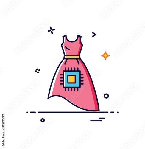 Digital couture runway symbol featuring a dress silhouette combined with a small microchip icon integrated at the center. The image represents high fashion