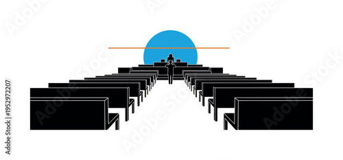 Black and white wide-angle scene of courtroom benches forming strong perspective lines leading to a solitary pleading figure, bright blue circle behind the