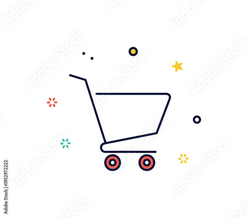 Empty cart symbol single minimal shopping cart with subtle shadow beneath, representing product search or store browsing state. Minimalist flat