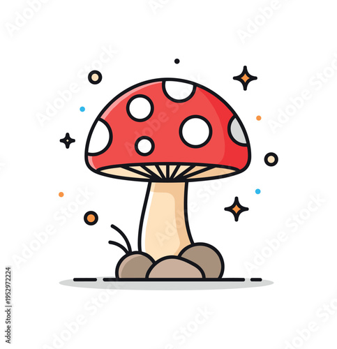 Fly agaric red toadstool scene capturing a bright rounded cap with bold white spots and a simple stem rising from a compact ground patch, conveying iconic