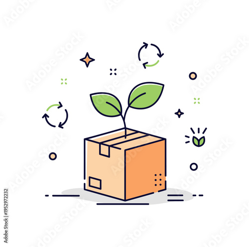 Eco packaging innovation simple box with plant sprout growing from the top and small circular arrows around, expressing regeneration and environmentally