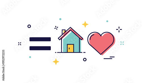 Less is more philosophy illustration showing a bold equal sign placed between a small house icon and a heart symbol, representing happiness through simplicity.