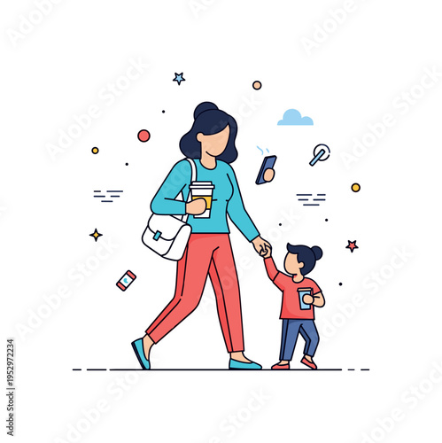 Morning routine multitasking scene illustrated by a mother figure holding a coffee cup while guiding a small child and glancing at a phone, conveying fast