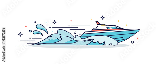 High speed boat pursuit across stylized water waves representing maritime chase and rapid navigation. Splash accents and curved wake lines convey swift