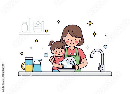 Mother and young child washing dishes together in a light filled kitchen expressing teamwork and simple daily bonding. Soft bubble shapes and tiny shine