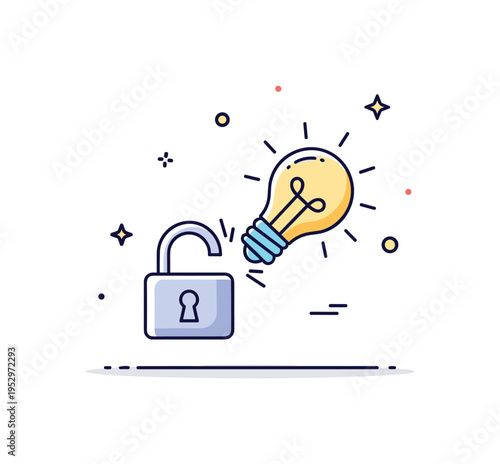 Unlocking potential creativity spark concept featuring a simple light bulb icon breaking free from a small lock outline, symbolizing innovation, imagination