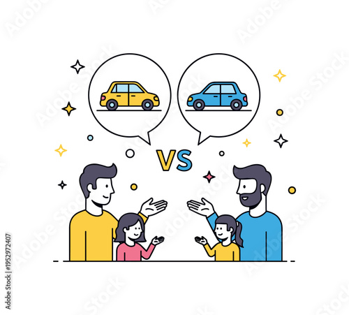 Choosing the right car compact scene with two car options illustrated as small icons while family members gesture in discussion, symbolizing comparison and
