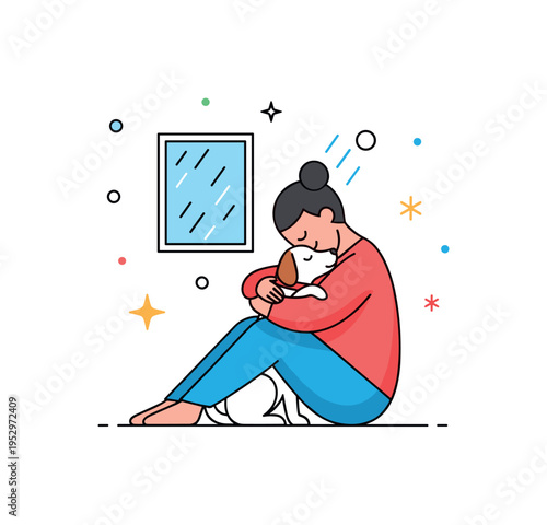 Rainy day cuddle with pet showing a seated figure hugging a dog while a small window with light rain lines appears behind, expressing shelter, coziness, and