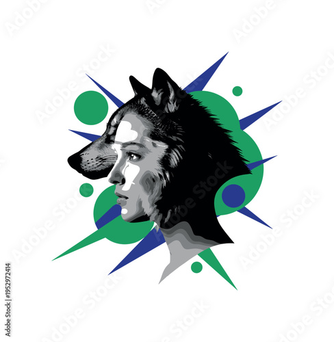 Black and white human portrait blended with animal silhouette to represent cross-breed concept, overlapping abstract circles and sharp linear elements in