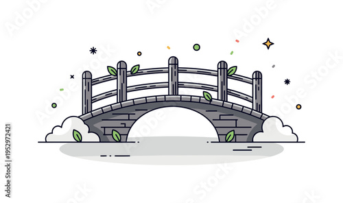 Vintage rural bridge weathered wooden bridge silhouette with subtle leaf accents and soft shadow beneath, expressing nostalgia and heritage architecture.