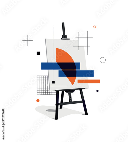black and white easel with canvas positioned diagonally, layered with burnt orange semicircle and deep blue rectangular blocks, thin grid lines and geometric
