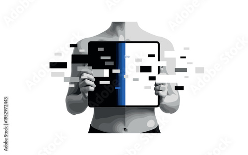 black and white torso holding tablet device, screen divided into dark and light geometric halves, bold blue vertical stripe indicating balanced brightness