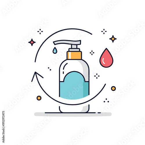 Refillable cosmetics concept elegant pump bottle with arrow loop around it and tiny droplet icon, representing circular beauty packaging and sustainable