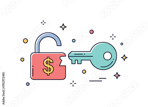 Financial independence key unlocking a stylized lock shaped like a dollar symbol, representing freedom, autonomy and control over personal finances. Minimalist