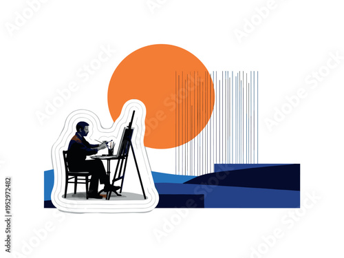 Black and white image of painter seated at small table, oversized orange circle dominating upper composition as abstract sun, thin blue vertical lines like