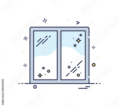 Minimal dirty window icon design featuring a simple pane outline with scattered dust dots and subtle streak lines, expressing everyday household maintenance