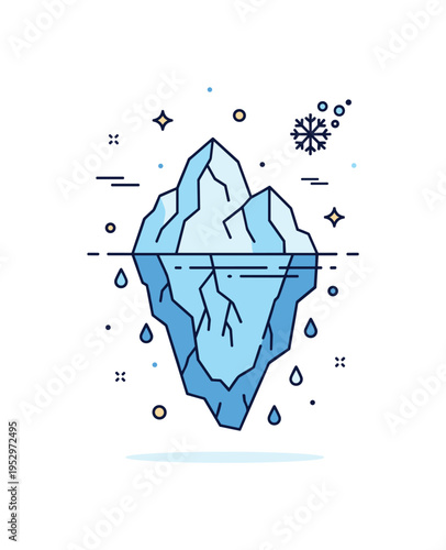 Polar ice loss concept centered on a melting iceberg with visible cracks and small water droplets falling into the ocean, expressing climate change impact and
