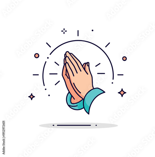 Spiritual devotion icon simplified praying hands framed by a circular aura and gentle light rays, symbolizing humility, reflection and connection to the