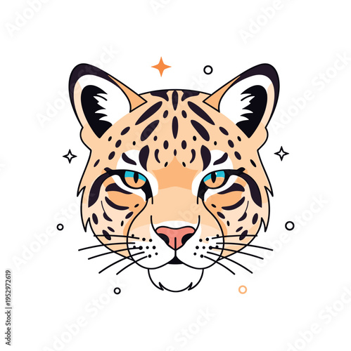 Wildcat face close up with piercing eyes and stylized fur markings representing courage and fierce determination. A few subtle star accents highlight intensity