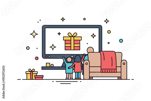 Family holiday film marathon featuring a large screen with a wrapped gift symbol and a cozy blanket draped over the couch. Subtle sparkles around the screen