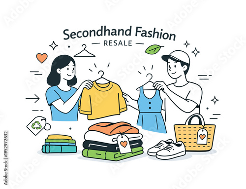 Secondhand fashion resale. People exchanging pre-owned clothing, sustainable fashion choices and conscious shopping, friendly collaboration with folded