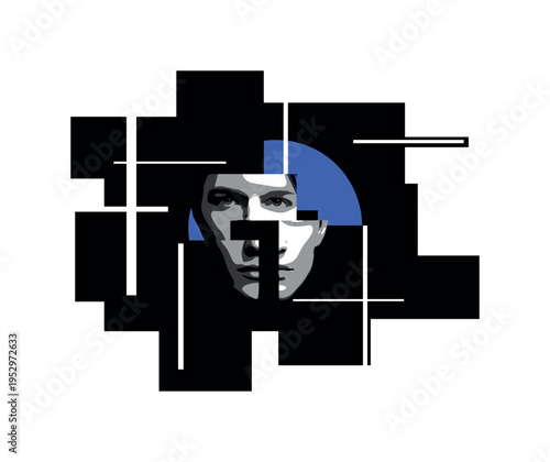 Black and white fragmented portrait partially covered by bold black geometric shapes, thin white linear accents creating sharp contrast, subtle cobalt blue