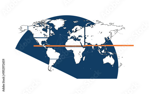 Black and white fragmented world map with continents separated into geometric blocks, oversized deep blue semicircle backdrop unifying the pieces, orange