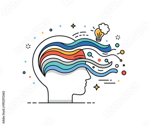 Flood of thoughts illustrated through a simplified head silhouette with layered wave shapes flowing outward, expressing mental overload, overthinking, and