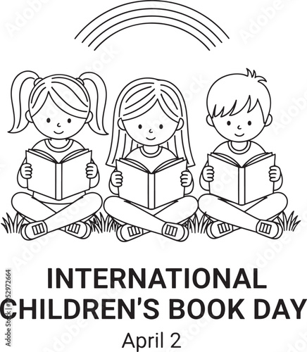 Three diverse cartoon children sitting cross legged on grass happily reading open books under a simple rainbow line drawing