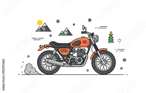 Vintage scrambler adventure theme presenting a rugged retro motorcycle with small mountain icons and dust accents, symbolizing off-road exploration and