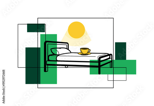 Black and white retro scene of river flowing through simplified forest, large orange circle dominating upper frame like sustainable sun, thin blue horizontal