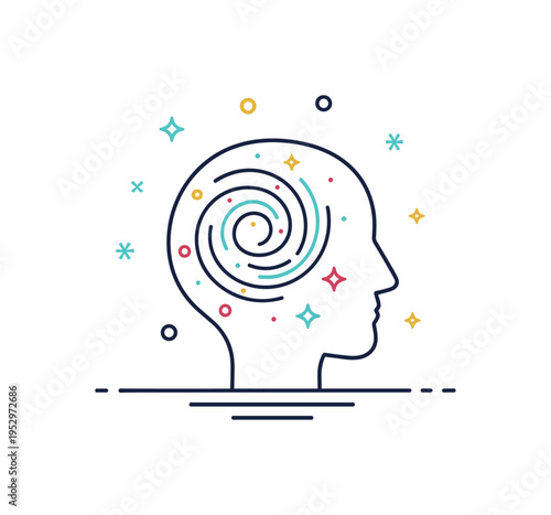 Inner chaos and racing mind represented by a circular swirl pattern inside a head icon with tiny star accents, expressing turbulence, emotional intensity, and