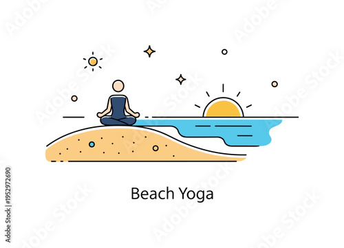 Beach sports in June yoga on the beach concept with a simple seated figure silhouette on sand curves and a glowing sun near the horizon, symbolizing mindful