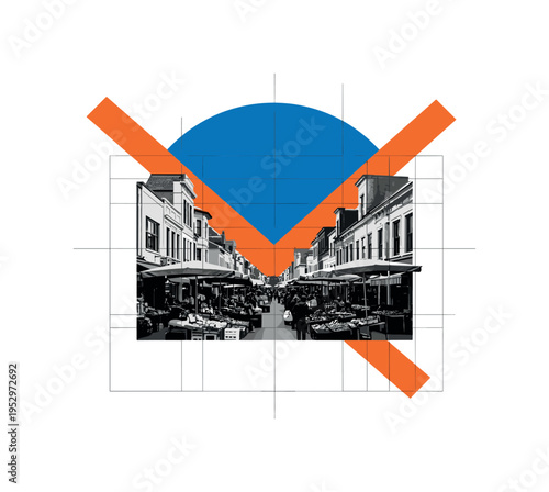 Black and white street market scene framed by architectural facades, bold cobalt blue semicircle backdrop emphasizing communal density, orange diagonal stripe